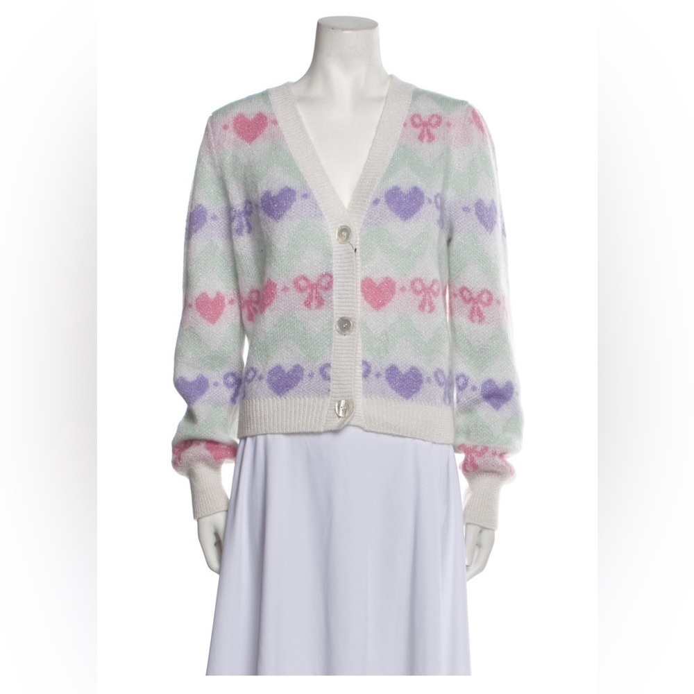 ALESSANDRA RICH Pastel Heart Bow Patterned Intarsia-Knit Cardigan Size 46 NWT - Picture 6 of 8